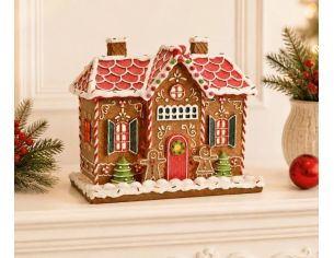 Maison LED pain d'épices poly lumineuse Noël toits rouges sapins sucres orge porte rouge H26cm