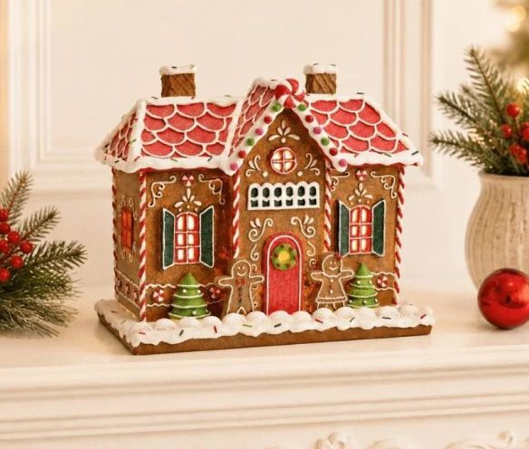 Maison LED pain d'épices poly lumineuse Noël toits rouges sapins sucres orge porte rouge H26cm