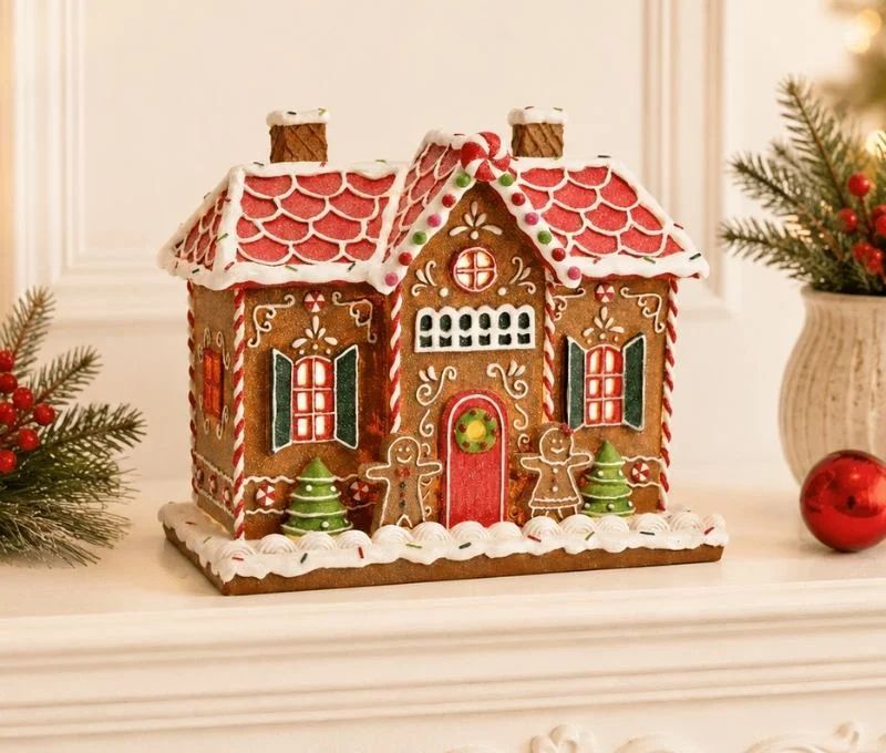 Maison LED pain d'épices poly lumineuse Noël toits rouges sapins sucres orge porte rouge H26cm