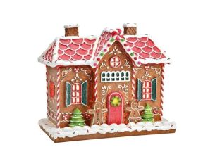 Maison LED pain d'épices poly lumineuse Noël toits rouges sapins sucres orge porte rouge H26cm