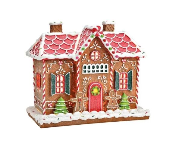 Maison LED pain d'épices poly lumineuse Noël toits rouges sapins sucres orge porte rouge H26cm