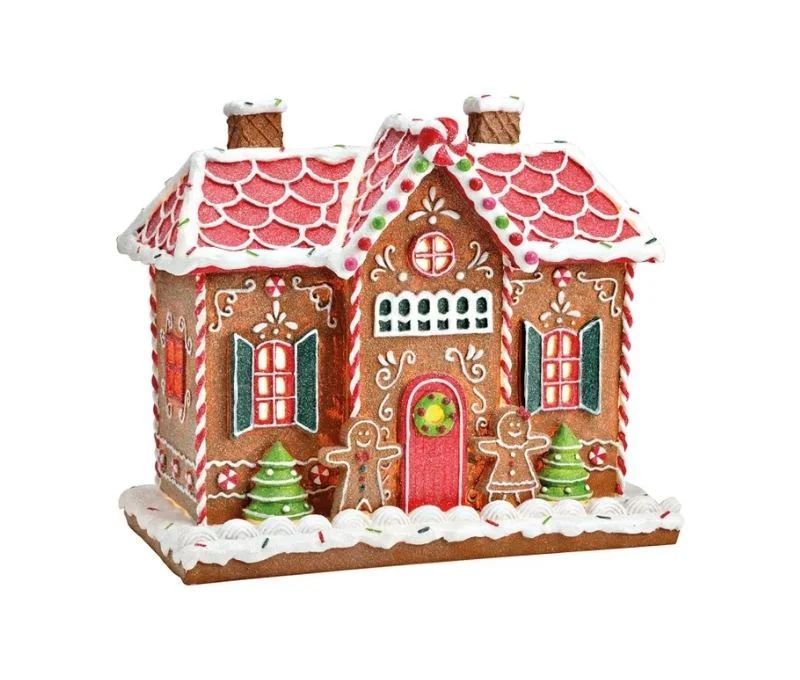 Maison LED pain d'épices poly lumineuse Noël toits rouges sapins sucres orge porte rouge H26cm