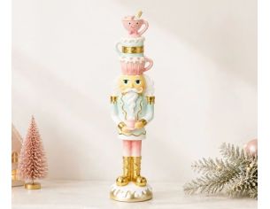 Figurine casse-noisette poly rose menthe pastel tasses empilées chapeau doré uniforme glaçage Noël H50cm