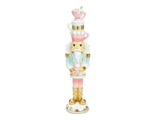 Figurine casse-noisette poly rose menthe pastel tasses empilées chapeau doré uniforme glaçage Noël H50cm