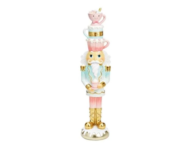 Figurine casse-noisette poly rose menthe pastel tasses empilées chapeau doré uniforme glaçage Noël H50cm