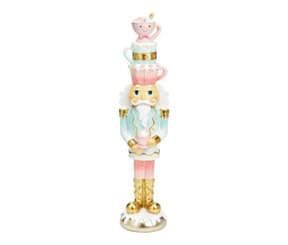 Figurine casse-noisette poly rose menthe pastel tasses empilées chapeau doré uniforme glaçage Noël H50cm