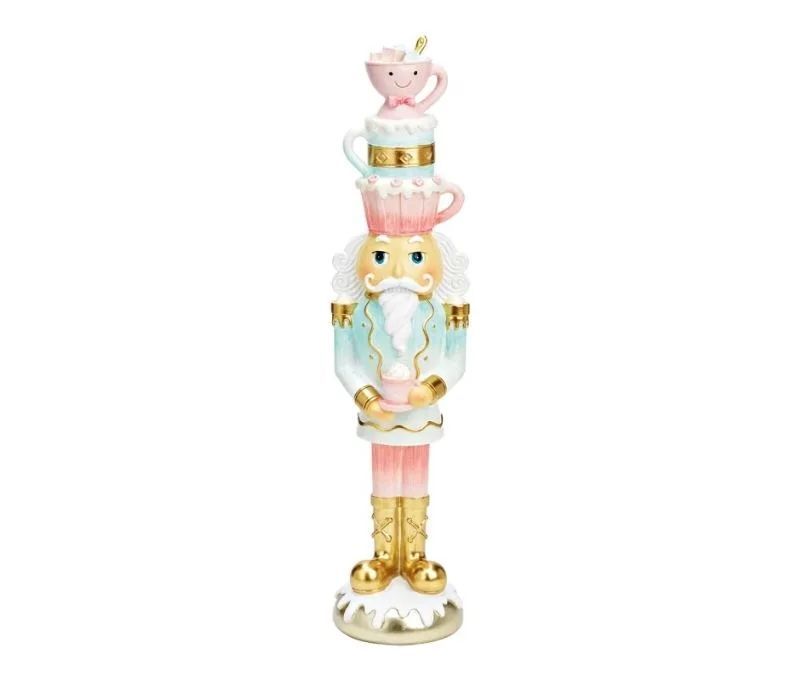 Figurine casse-noisette poly rose menthe pastel tasses empilées chapeau doré uniforme glaçage Noël H50cm