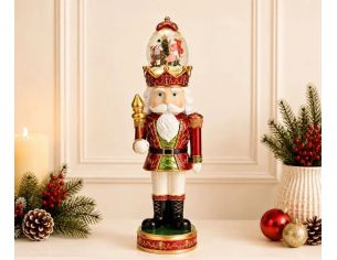 Figurine casse-noisette poly verre rouge doré vert boule neige lumineuse musicale couronne chapeau scène Noël H50cm