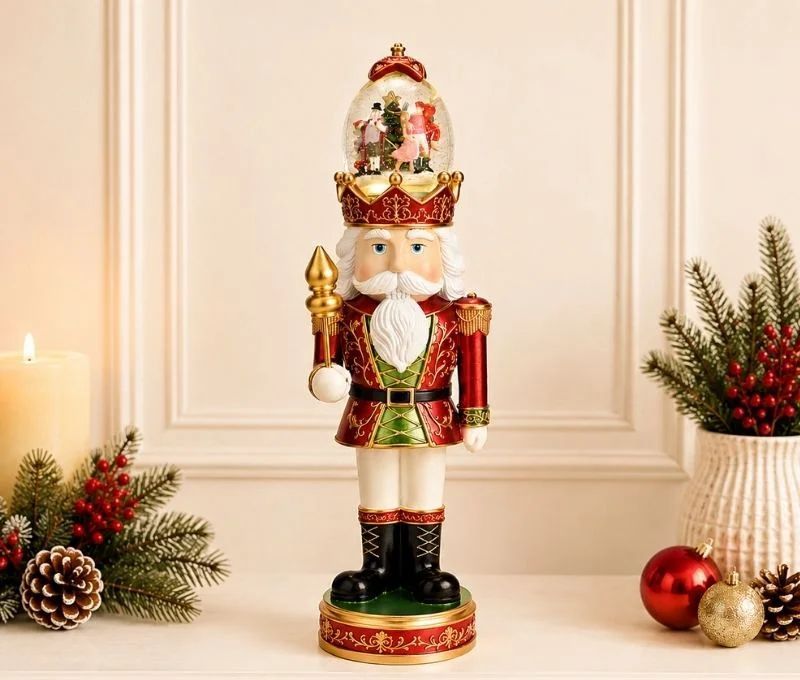 Figurine casse-noisette poly verre rouge doré vert boule neige lumineuse musicale couronne chapeau scène Noël H50cm