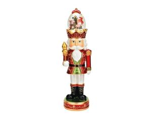 Figurine casse-noisette poly verre rouge doré vert boule neige lumineuse musicale couronne chapeau scène Noël H50cm
