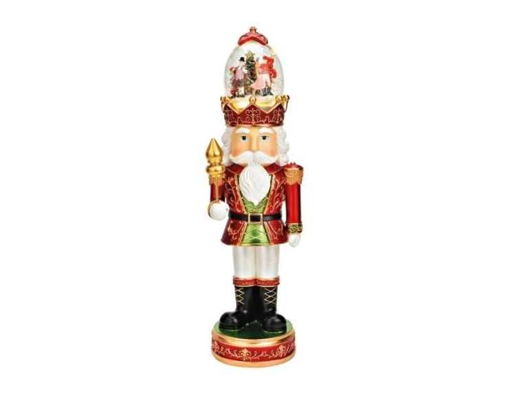 Figurine casse-noisette poly verre rouge doré vert boule neige lumineuse musicale couronne chapeau scène Noël H50cm