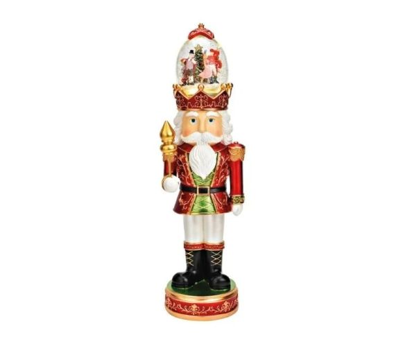 Figurine casse-noisette poly verre rouge doré vert boule neige lumineuse musicale couronne chapeau scène Noël H50cm