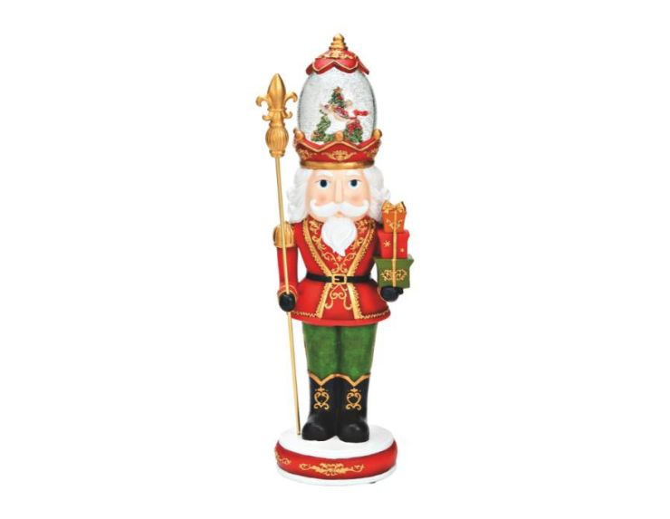 Figurine casse-noisette roi poly verre rouge vert doré sceptre cadeaux boule neige lumineuse musicale couronne Noël H50cm