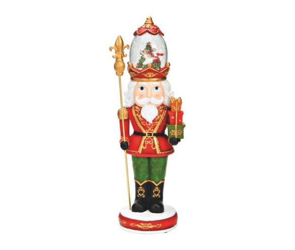 Figurine casse-noisette roi poly verre rouge vert doré sceptre cadeaux boule neige lumineuse musicale couronne Noël H50cm