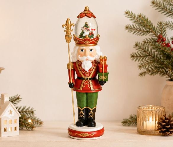 Figurine casse-noisette roi poly verre rouge vert doré sceptre cadeaux boule neige lumineuse musicale couronne Noël H50cm