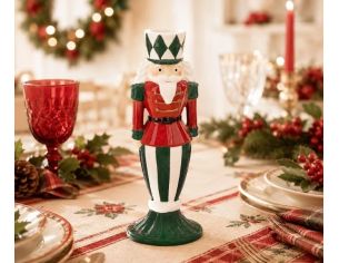 Bougeoir céramique casse-noisette Noël vert dominant uniforme rouge doré chapeau losanges verts rayures H22cm