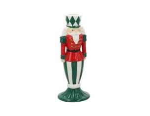 Bougeoir céramique casse-noisette Noël vert dominant uniforme rouge doré chapeau losanges verts rayures H22cm