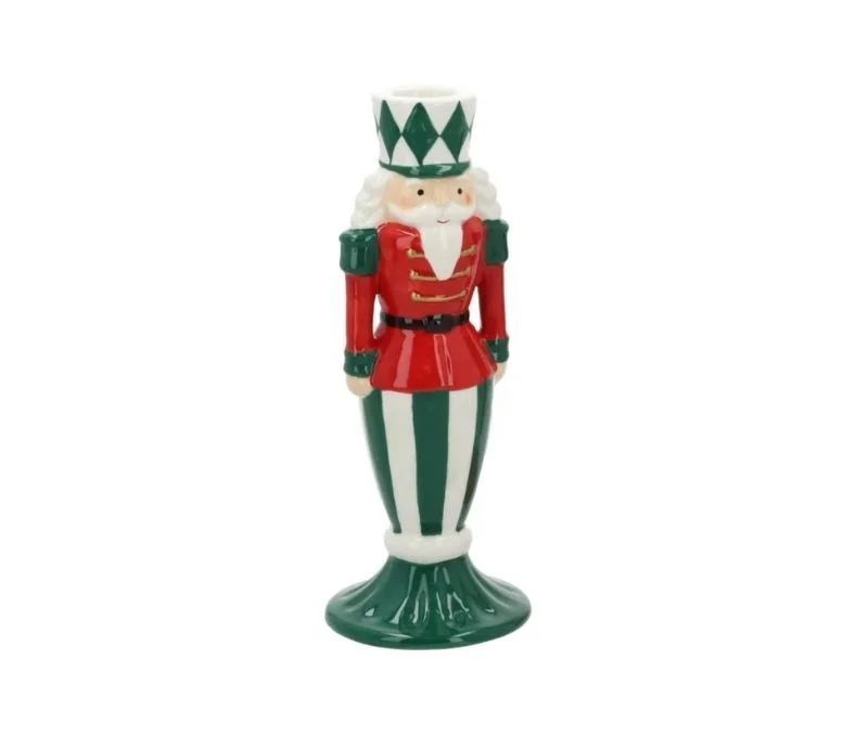 Bougeoir céramique casse-noisette Noël vert dominant uniforme rouge doré chapeau losanges verts rayures H22cm