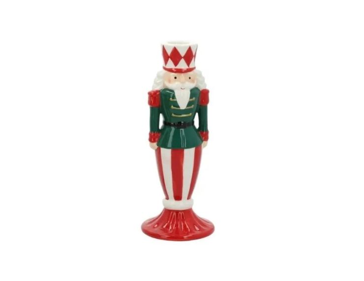 Bougeoir céramique casse-noisette Noël rouge dominant uniforme vert doré chapeau losanges rouges rayures socle rouge H22cm