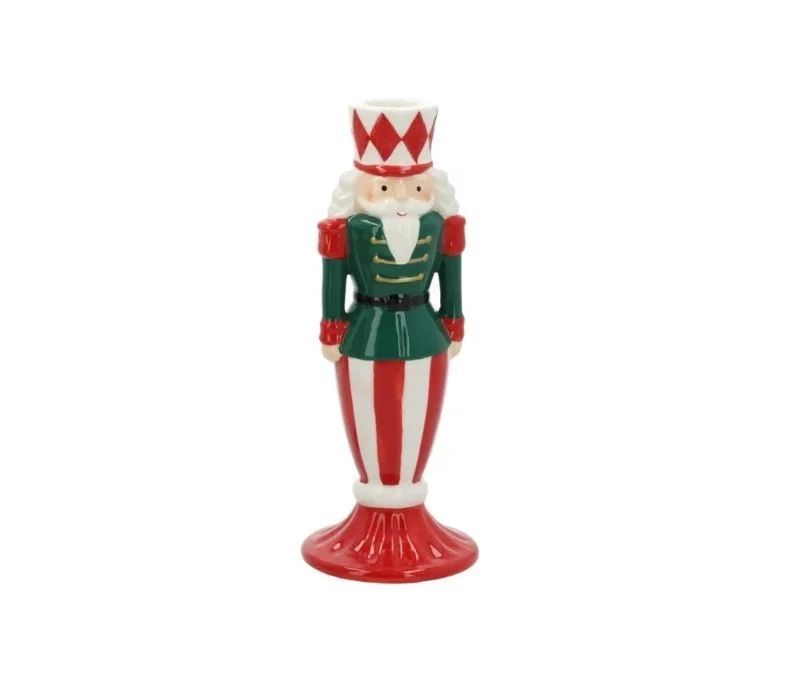 Bougeoir céramique casse-noisette Noël rouge dominant uniforme vert doré chapeau losanges rouges rayures socle rouge H22cm