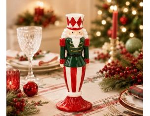 Bougeoir céramique casse-noisette Noël rouge dominant uniforme vert doré chapeau losanges rouges rayures socle rouge H22cm