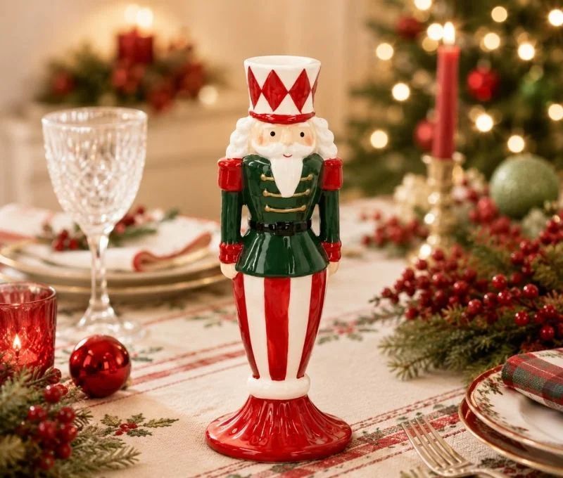 Bougeoir céramique casse-noisette Noël rouge dominant uniforme vert doré chapeau losanges rouges rayures socle rouge H22cm