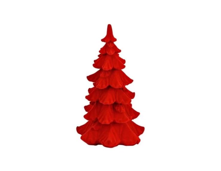 Sapin Noël floqué velours rouge vif poly branches étagées texturées décoration cheminée Noël H17cm