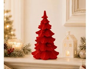 Sapin Noël floqué velours rouge vif poly branches étagées texturées décoration cheminée Noël H17cm