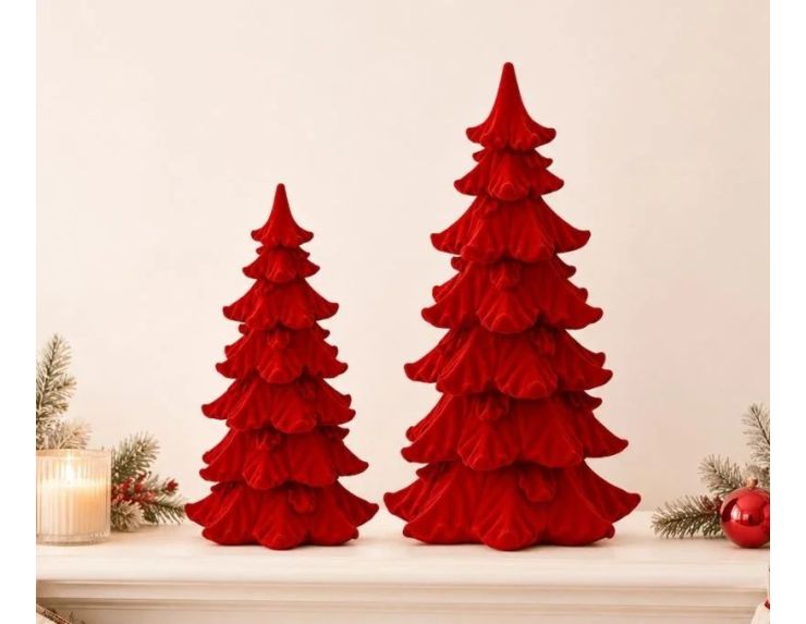 Sapin Noël floqué velours rouge vif poly branches étagées texturées décoration cheminée Noël H17cm