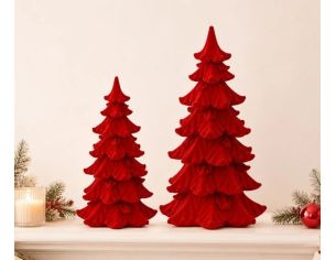 Grand sapin Noël floqué velours rouge vif poly branches étagées texturées décoration cheminée Noël H27cm
