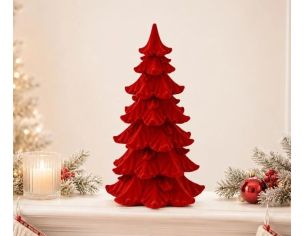 Grand sapin Noël floqué velours rouge vif poly branches étagées texturées décoration cheminée Noël H27cm