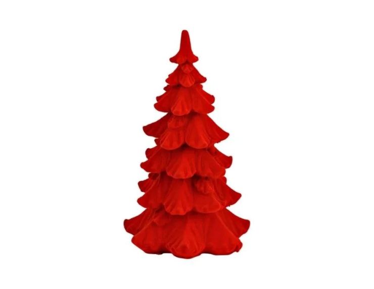 Grand sapin Noël floqué velours rouge vif poly branches étagées texturées décoration cheminée Noël H27cm
