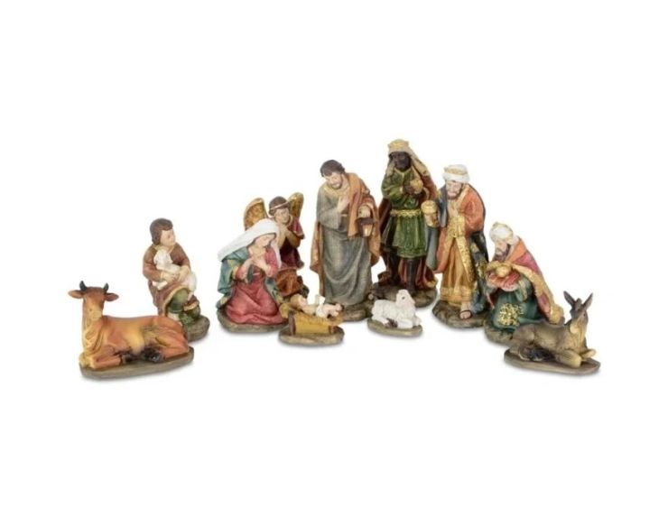 Crèche Noël set 11 figurines poly multicolore Marie Joseph Jésus Rois mages ange berger animaux H14cm