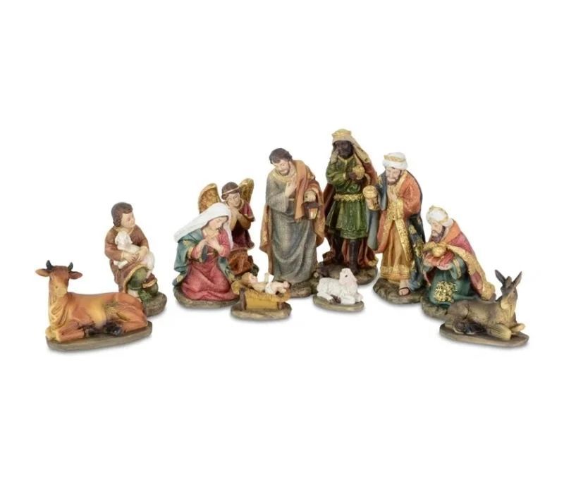 Crèche Noël set 11 figurines poly multicolore Marie Joseph Jésus Rois mages ange berger animaux H14cm