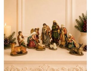 Crèche Noël set 11 figurines poly multicolore Marie Joseph Jésus Rois mages ange berger animaux H14cm