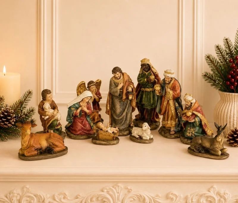 Crèche Noël set 11 figurines poly multicolore Marie Joseph Jésus Rois mages ange berger animaux H14cm