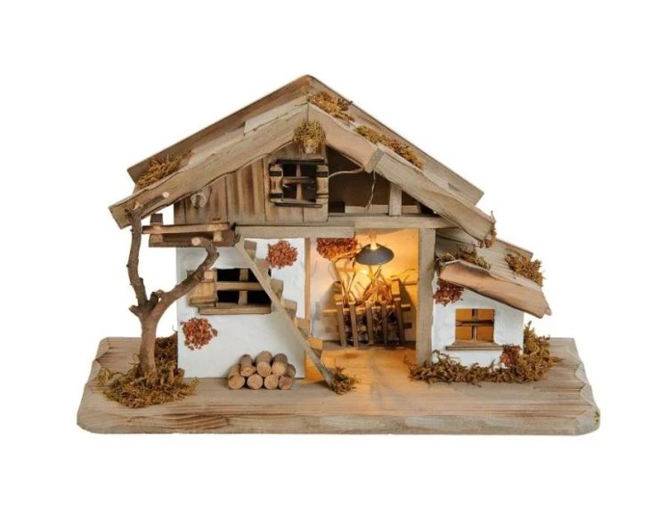 Étable crèche Noël bois pin MDF naturel éclairage LED chaud arbre mousse rondins bois L39cm