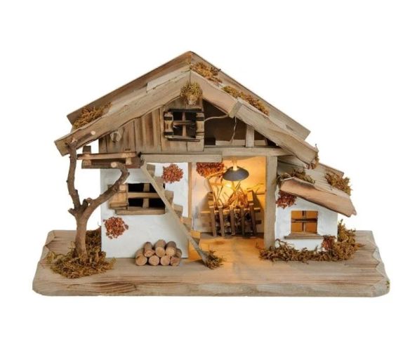 Étable crèche Noël bois pin MDF naturel éclairage LED chaud arbre mousse rondins bois L39cm