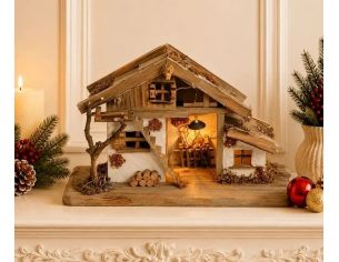 Étable crèche Noël bois pin MDF naturel éclairage LED chaud arbre mousse rondins bois L39cm