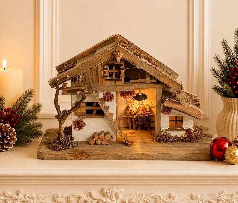 Étable crèche Noël bois pin MDF naturel éclairage LED chaud arbre mousse rondins bois L39cm