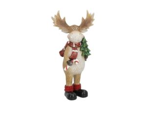 Figurine renne Noël poly bois ramifiés écharpe rouge sapin vert sucre orge chaussettes rouges bottes noires H27cm