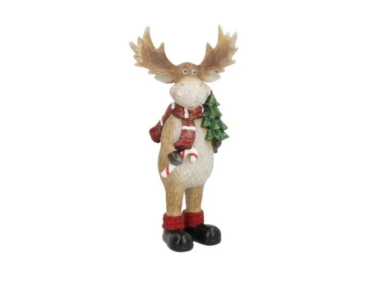 Figurine renne Noël poly bois ramifiés écharpe rouge sapin vert sucre orge chaussettes rouges bottes noires H27cm