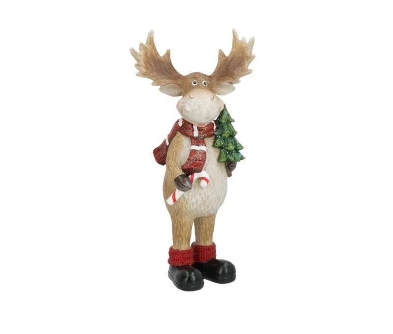 Figurine renne Noël poly bois ramifiés écharpe rouge sapin vert sucre orge chaussettes rouges bottes noires H27cm