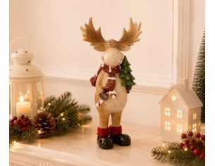 Figurine renne Noël poly bois ramifiés écharpe rouge sapin vert sucre orge chaussettes rouges bottes noires H27cm