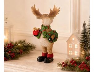 Figurine renne Noël poly bois ramifiés écharpe verte cadeau rouge doré couronne houx chaussettes rouges bottes noires H27cm