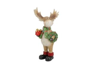 Figurine renne Noël poly bois ramifiés écharpe verte cadeau rouge doré couronne houx chaussettes rouges bottes noires H27cm