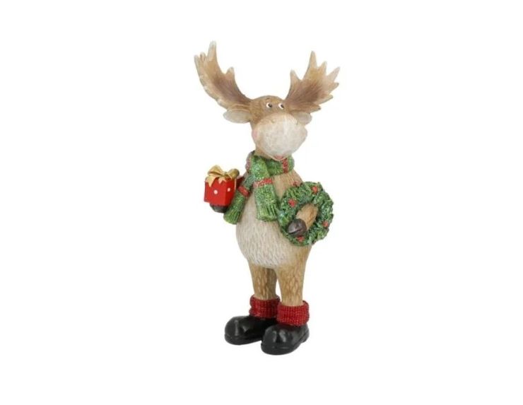 Figurine renne Noël poly bois ramifiés écharpe verte cadeau rouge doré couronne houx chaussettes rouges bottes noires H27cm