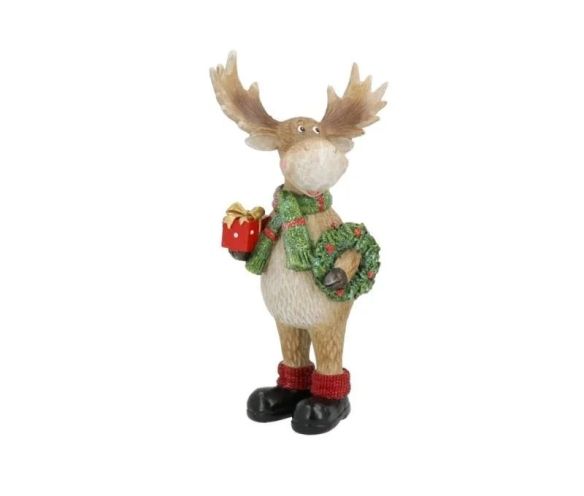 Figurine renne Noël poly bois ramifiés écharpe verte cadeau rouge doré couronne houx chaussettes rouges bottes noires H27cm