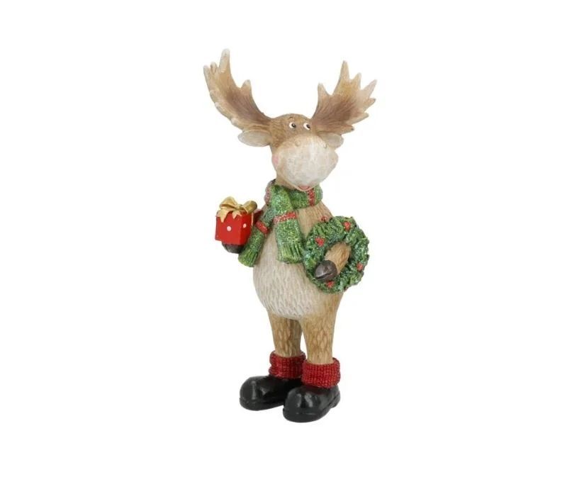 Figurine renne Noël poly bois ramifiés écharpe verte cadeau rouge doré couronne houx chaussettes rouges bottes noires H27cm