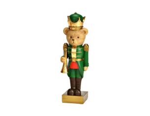 Figurine ourson casse-noisette poly vert doré uniforme trompette dorée couronne verte socle doré Noël H16cm